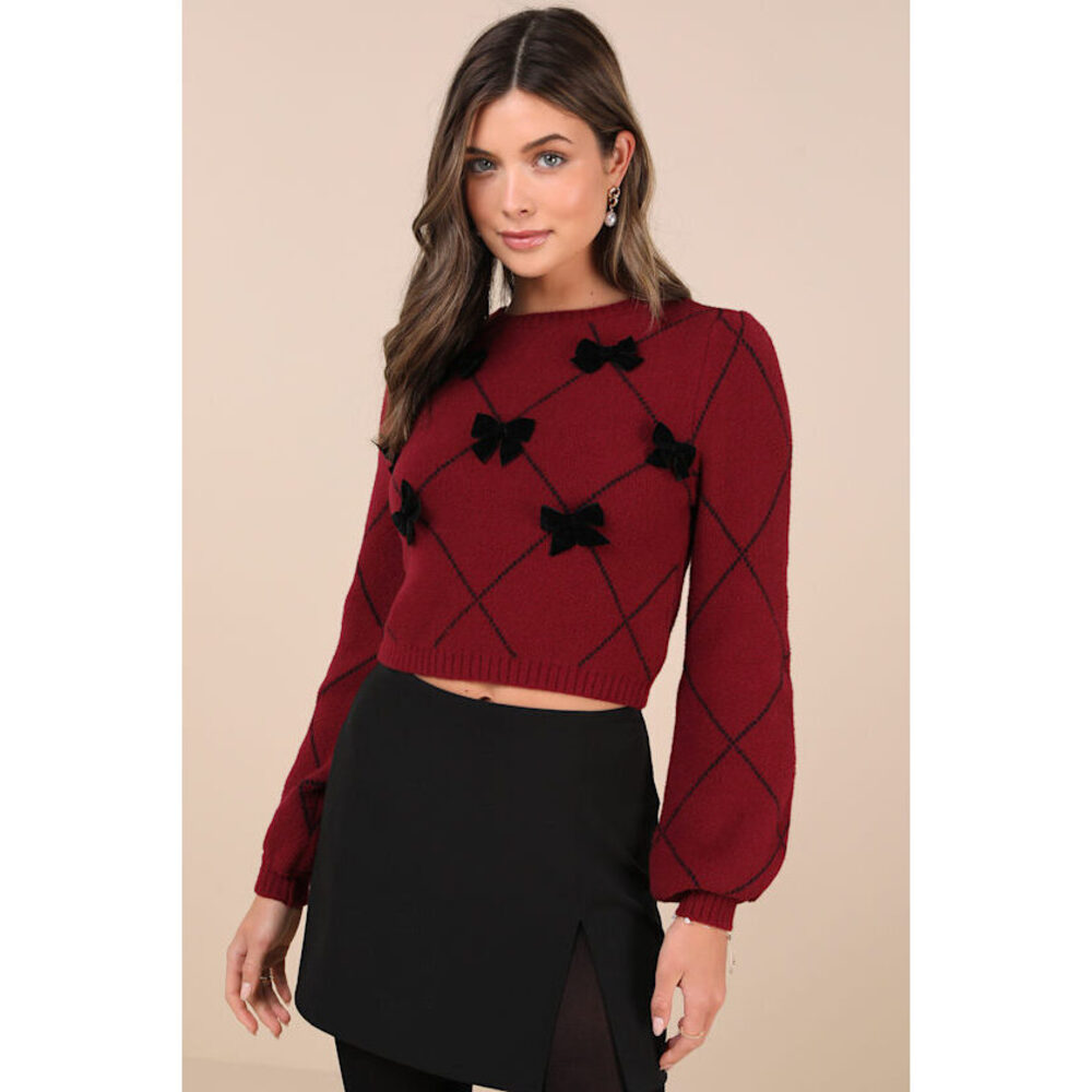 Lulus Holiday Darling Burgundy Argyle Balloon Sleeve Bow Sweater Red - Size S